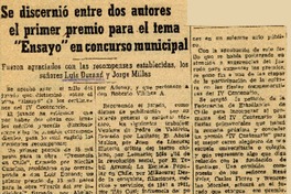 Se discernió entre dos autores el primer premio para el tema "Ensayo" en concurso municipal.  [artículo]