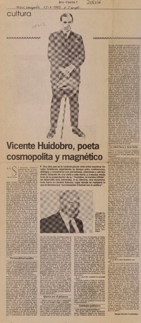 Vicente Huidobro, poeta cosmopolita y magnético  [artículo] Sergio Ramón Fuentealba.