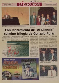 Con lanzamiento de "Al silencio" culminó trilogía de Gonzalo Rojas  [artículo] Patricia Orellana.