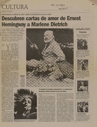 Descubren cartas de amor de Ernest Heminqway a Marlene Dietrich Fueron donadas a la biblioteca John, F. Kennedy de Boston por la hija de la actriz [artículo] :