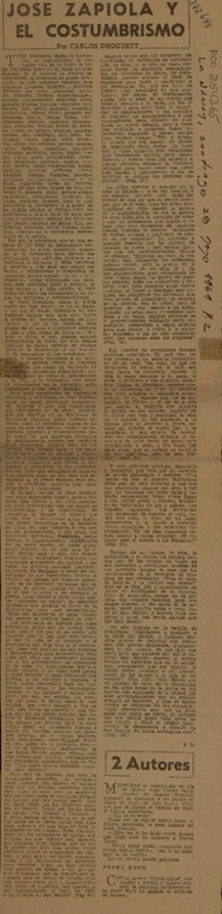 Jose Zapiola y el costumbrismo  [artículo] Carlos Droguett.