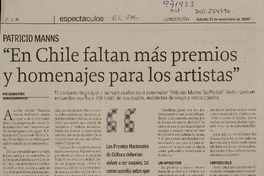 "En Chile faltan más premios y homenajes para los artistas"  [artículo] Álvaro Peña.