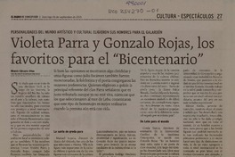 Violeta Parra y Gonzalo Rojas, los favoritos para el "Bicentenario"  [artículo] Ricardo Cárcamo Ulloa.