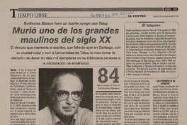 Muriò uno de los grandes maulinos del siglo xx  [artículo] Vanessa Garrido.