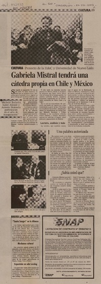 Gabriela Mistral tendrá una cátedra propia en Chile y México.  [artículo]