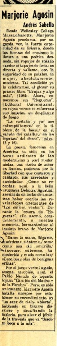 Marjorie Agosin  [artículo] Andrés Sabella.