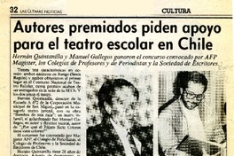 Autores premiados piden apoyo para el teatro escolar en Chile  [artículo].
