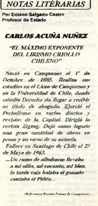 Carlos Acuña Núñez : "el máximo exponente del lirismo criollo chileno" [artículo] Edison Salgado Castro.