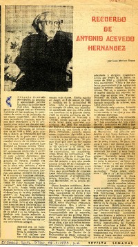Recuerdo de Antonio Acevedo Hernández  [artículo] Luis Merino Reyes.