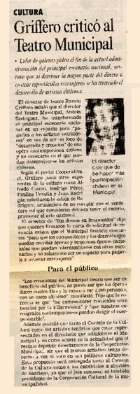 Griffero criticó al Teatro Municipal.  [artículo]