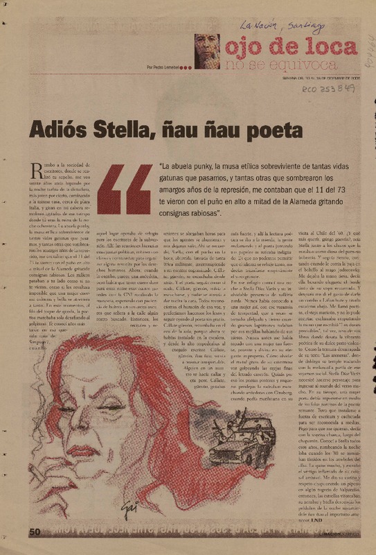 Adiós Stella, ñau ñau poeta  [artículo]Pedro Lemebel.