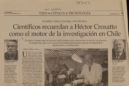 Científicos recuerdan a Héctor Croxatto como el motor de la investigación en Chile  [artículo] L. Guzmán, P. Leighton y C. González.