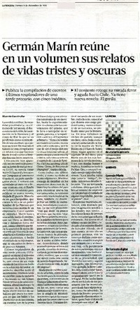 Germán Marín reúne en un volumen sus relatos de vidas tristes y oscuras  [artículo] Marcela Fuentealba.