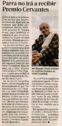 Parra no irá a recibir Premio Cervantes  [artículo].
