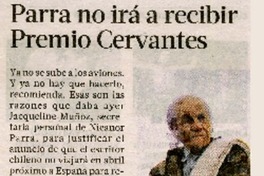 Parra no irá a recibir Premio Cervantes  [artículo].