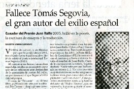 Fallece Tomás Segovia, el gran autor del exilio español  [artículo] Maureen Lennon Zaninovic.