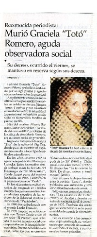 Murió Graciela "Totó" romero, aguda observadora social  [artículo] Pablo Reed.