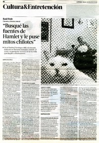 "Busqué las fuentes de Hamlet y le puse mitos chilotes" (entrevista)  [artículo] Andrés Gómez Bravo.