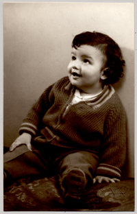 [Niñito moreno, regordete, con pantalons oscuros y un chaleco con guardas claras con cierre, sentado sobre una colchoneta forrada con brocato y con dos juguetes]