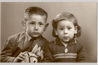 [Una niña y un niño [hermanos] de cabello castaño claro en distintas poses]