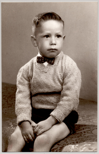 [Niño rubio sentado sobre cubrecama de brocato con pantalones cortos, chaleco y un corbatín, con las manos apoyadas en sus muslos]