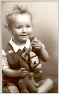 [Niñito rubio de frente amplia, vestido con un traje pantalón corto color oscuro y blusa manga corta blanca con un juguete en sus manos sentado sobre un mueble forrado con brocato]