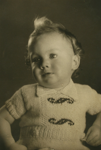 [Niñito rubio de ojos azules con un traje de lana manga corta con dibujos en el pecho]