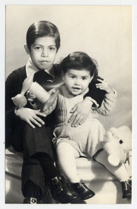 [Dos niños [hermanos] posando con varios juguetes]