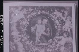 [La Virgen y el Niño en una guirnalda de flores y rodeados de angelitos]