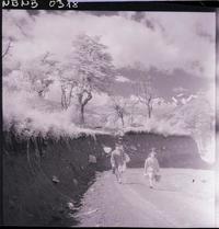 [Dos niñitas con abrigo, caminan por un camino rural con canasto, maleta y balde]