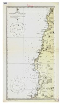 Chile Caldera a Coquimbo [material cartográfico] : Por la Marina Nacional ; Comisiones Hidrográficas de los Comandantes Arturo Acevedo en 1910, Arturo Swett en 1911 ; Coordenadas Geográficas del Comandante Enrique Cordovez M. en 1933 y levantamientos británicos.