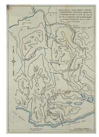 Reducciòn del levantamiento aerofogrametrico aproximado hecho por la Comisiòn Chilena al este de las hojas de la Comisiòn Mixta mostrando la "traza" propuesta por la Comisiòn Chilena