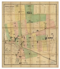 Plano de Santiago con las divisiones políticas i administrativas, los ferrocarriles urbanos i a vapor... con los proyectos de canalización del rio, camino de cintura, ferrocarriles, etc.
