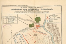 Plano topográfico de la acción de Cancha Rayada el 19 de marzo de 1818 [material cartográfico] : pr. Alberto d'Albe Ingeniero del Ejercito de los Andes coordinado y correjido sobre elm terreno con el Ingeniero del Ejército español, tomado en Maipú, un croquis del General Las Heras y los documentos históricos por el General Bartolomé Mitre.