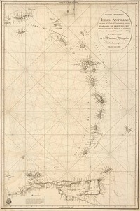 Carta esférica de las Islas Antillas con parte de la Costa del Continente de América [material cartográfico]: trabajada de orden del Rey por los Capitanes de navío de su Rl. Armada Dn. Cosme Churruca y Dn. Joaquín Franco Fidalgo.