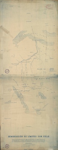 Demarcación de límites con Chile plano de la zona entre el Lago Buenos Aires y el Lago Pueyrredon [material cartográfico] : demarcada por el Capitán Robertson R. E., demostrando la posición de los hitos determinados en relación á la triangulación antigua.
