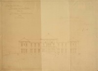 Proyecto del "hogar de las niñas" para el Colegio Adventista en Chillán fachada principal [dibujo arquitectónico] : Ricardo Larraín Bravo.