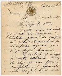 [Carta] 1890 agosto 2, [Santiago?] [al] S. D. Alvaro Covarrúbias
