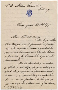 [Carta] 1877 Junio 14, Paris [a] Álvaro Covarrubias