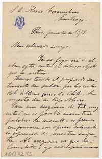 [Carta] 1878 Junio 14, Paris [a] Álvaro Covarrubias 14 de junio 1878