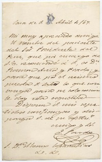 [Carta] Casa de JP Abril 4 167 [1867] :