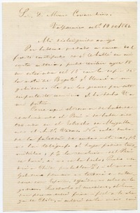 [Carta] 1866 oct[ubr]e 19, Valparaiso Sor D. Alvaro Covarrubias Mi distinguido amigo