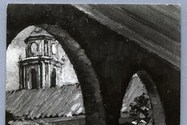[Dibujo de los arcos de piedra que se encuentran en el jardín del patio interior del Convento y la torre la Iglesia de San Francisco]