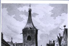 [Ilustración de un pueblo, en que se ve la torre de una iglesia]