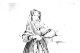 [Carmen Arriagada, dama talquina, de traje y mantilla de misa, dibujo de retrato de cuerpo entero]
