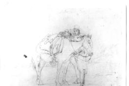 [Campesino ensillando su caballo, dibujo]