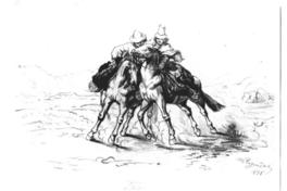 [Dos huasos montando caballos criollos, dibujo títulado "La topeadura"]