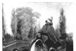 [Huaso a caballo y la lavandera junto al río, pintura titulada "El huaso y la lavandera"]