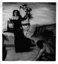 [Retrato de mujer con vestido largo con un caballo blanco, y un indio arrodillado]