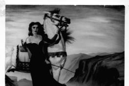 [Retrato de mujer con vestido largo con un caballo blanco, y un indio arrodillado]